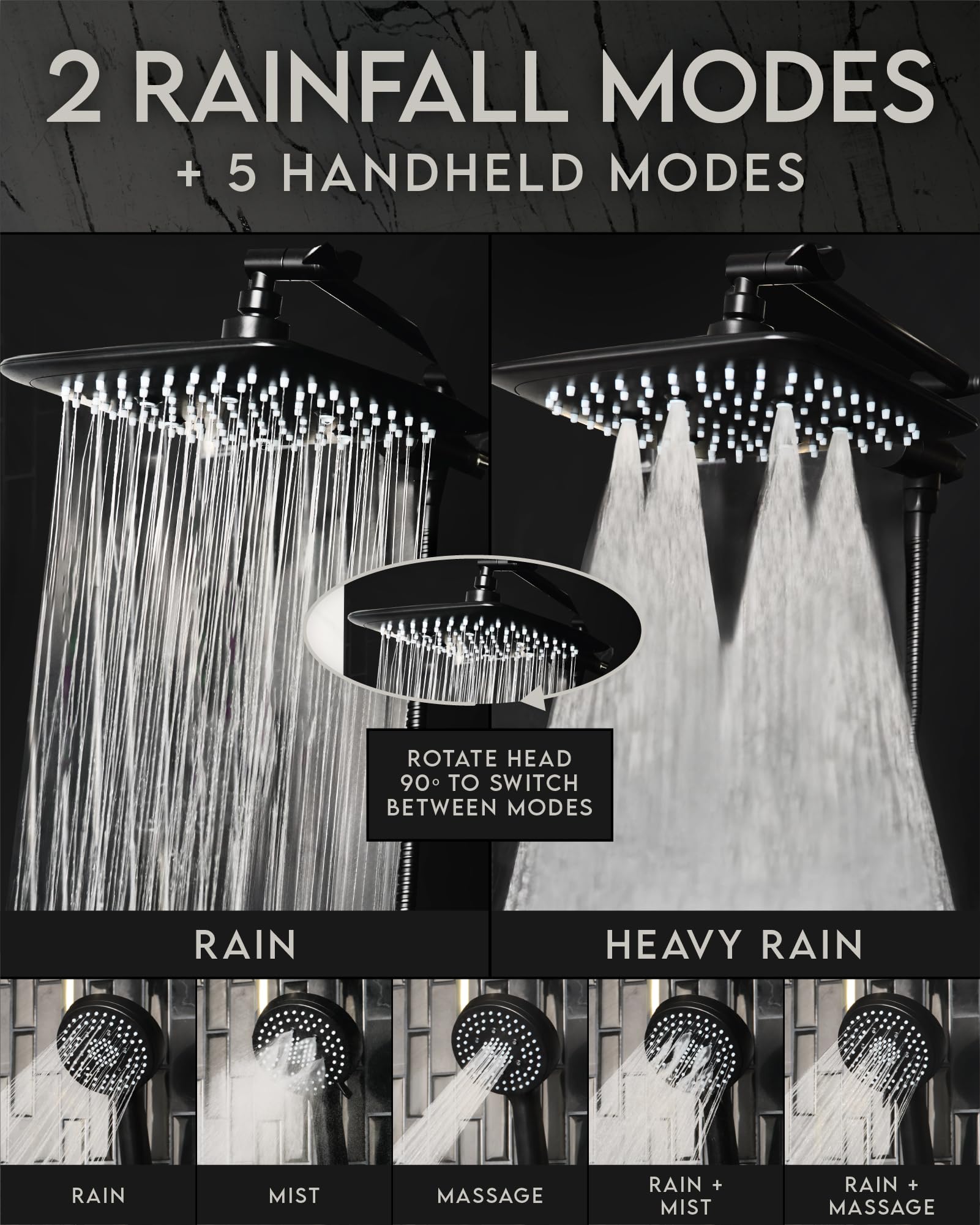 Veken High Pressure Rain Shower Head Combo with Extension Arm- Easy to Install Wide Rainfall Showerhead with 3 Water Spray Modes – Adjustable Dual Showerhead with Anti-Clog Nozzles