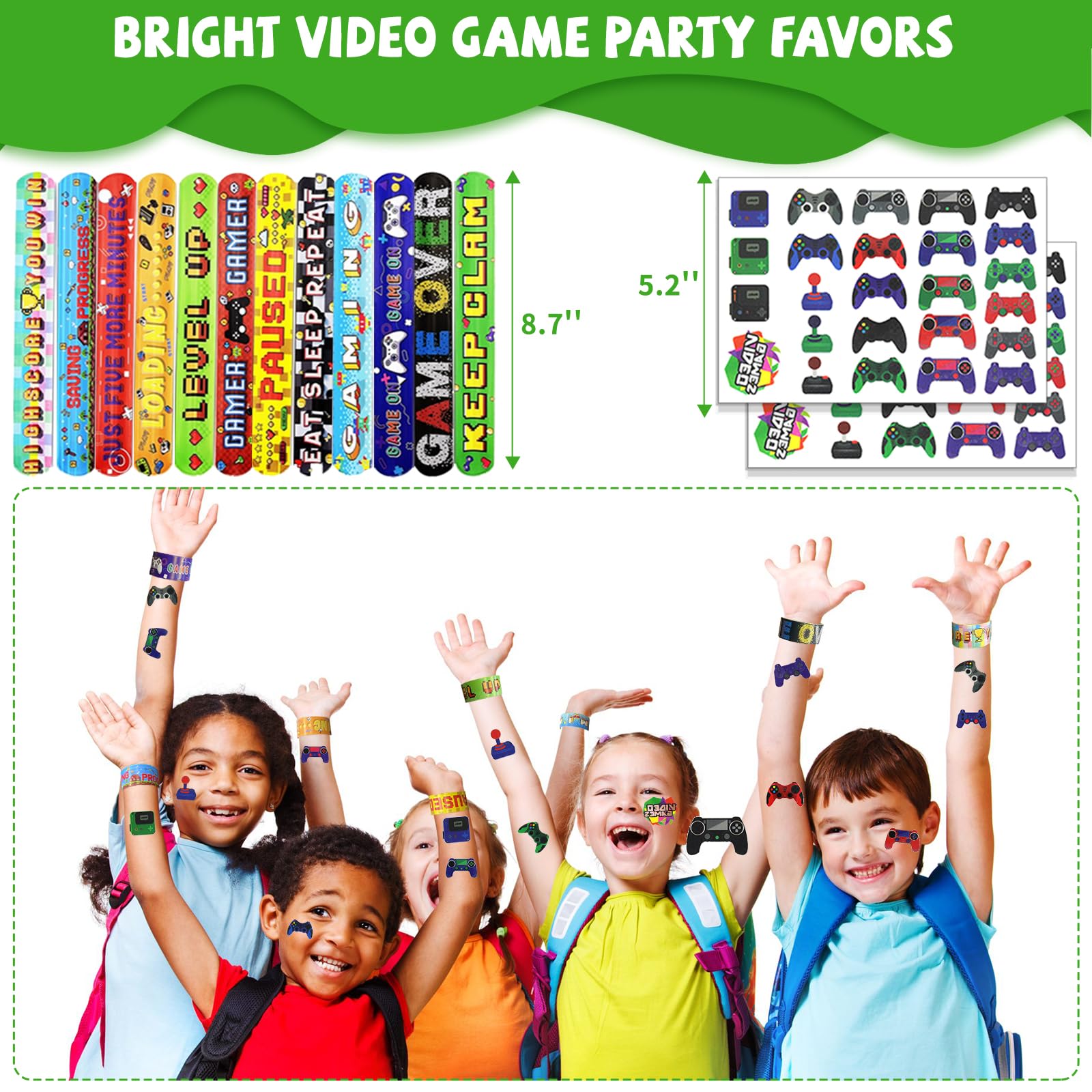 146 Pcs Video Game Party Favors, Gamer Party Favors -Ink Pen Notebook VIP Passes with Lanyards Slap Bracelets Keychains Bags Tattoo Stickers for Kids Gaming Party Favors Game On Birthday Party Favor