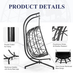 NICESOUL® 2 Seater Egg Swing Chair with Stand Double Person Outdoor Swing 510Lbs Capacity Large Black Hanging Chair Two Person Gray Rattan Black Olefin Cushions 510lbs Capacity