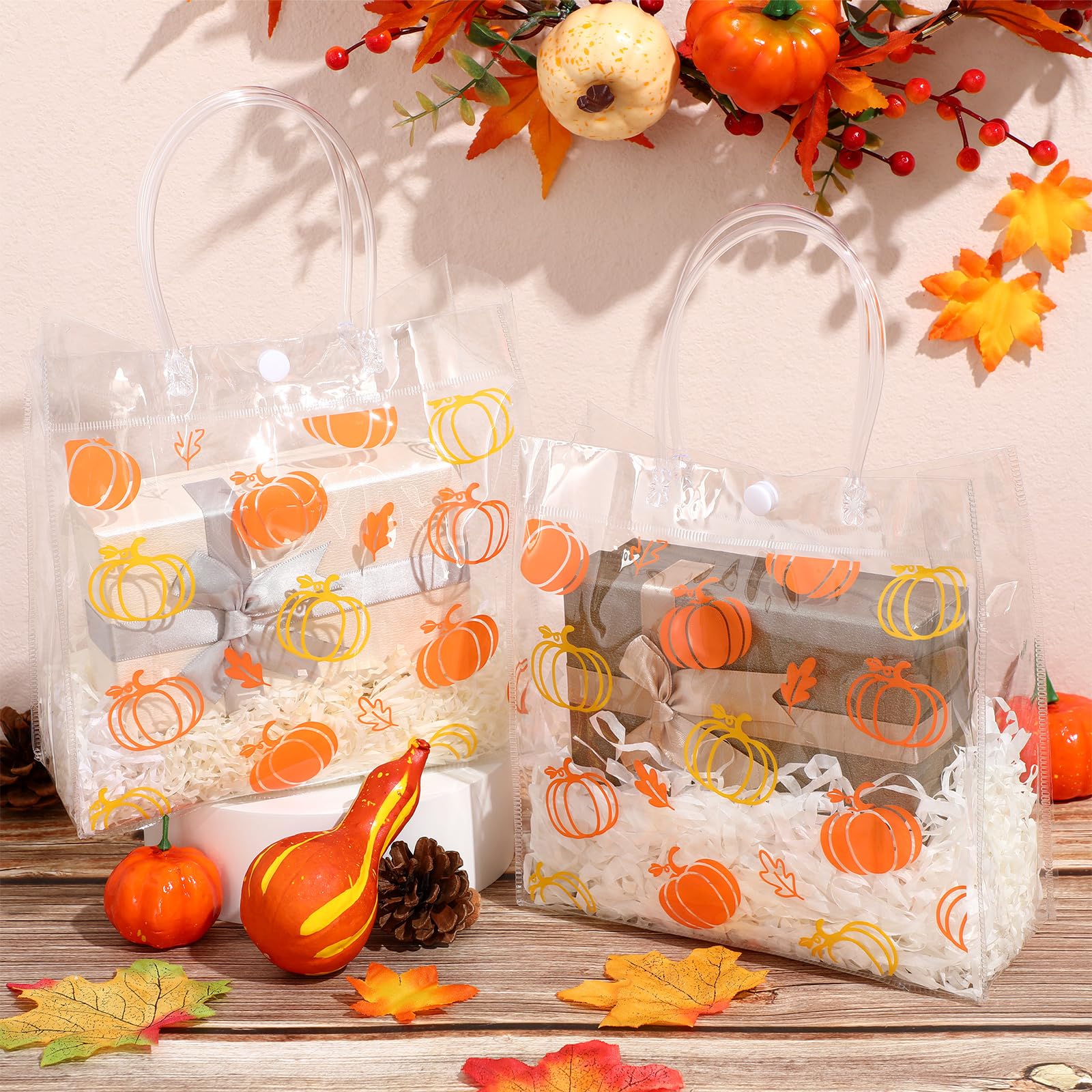 Aliceset 12 Pcs Clear Fall Pumpkin Gift Bag with Handles Pumpkin Party Plastic Favor Bag Fall Treat Bag Bulk Halloween Goodie Bag for Thanksgiving Day Fall Party Favor, 8 x 8 x 3.15 Inch(Orange)