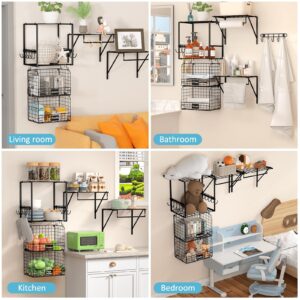 ThreeHio 3 Pack Laundry Room Shelves Wall Mounted with Wire Storage Baskets, Over Washer and Dryer Shelves with Hanging Rods and Hooks, Wire Wall Shelves Baskets for Laundry Organization and Storage