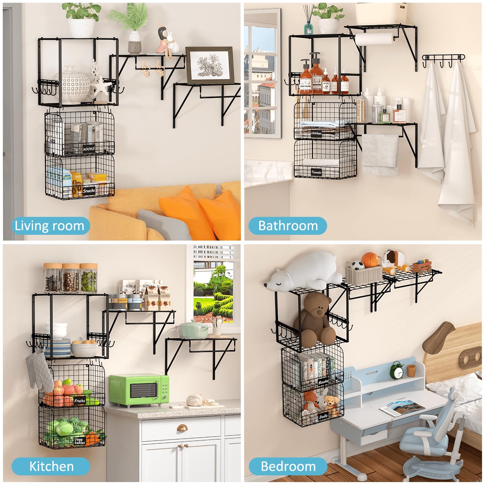 ThreeHio 3 Pack Laundry Room Shelves Wall Mounted with Wire Storage Baskets, Over Washer and Dryer Shelves with Hanging Rods and Hooks, Wire Wall Shelves Baskets for Laundry Organization and Storage