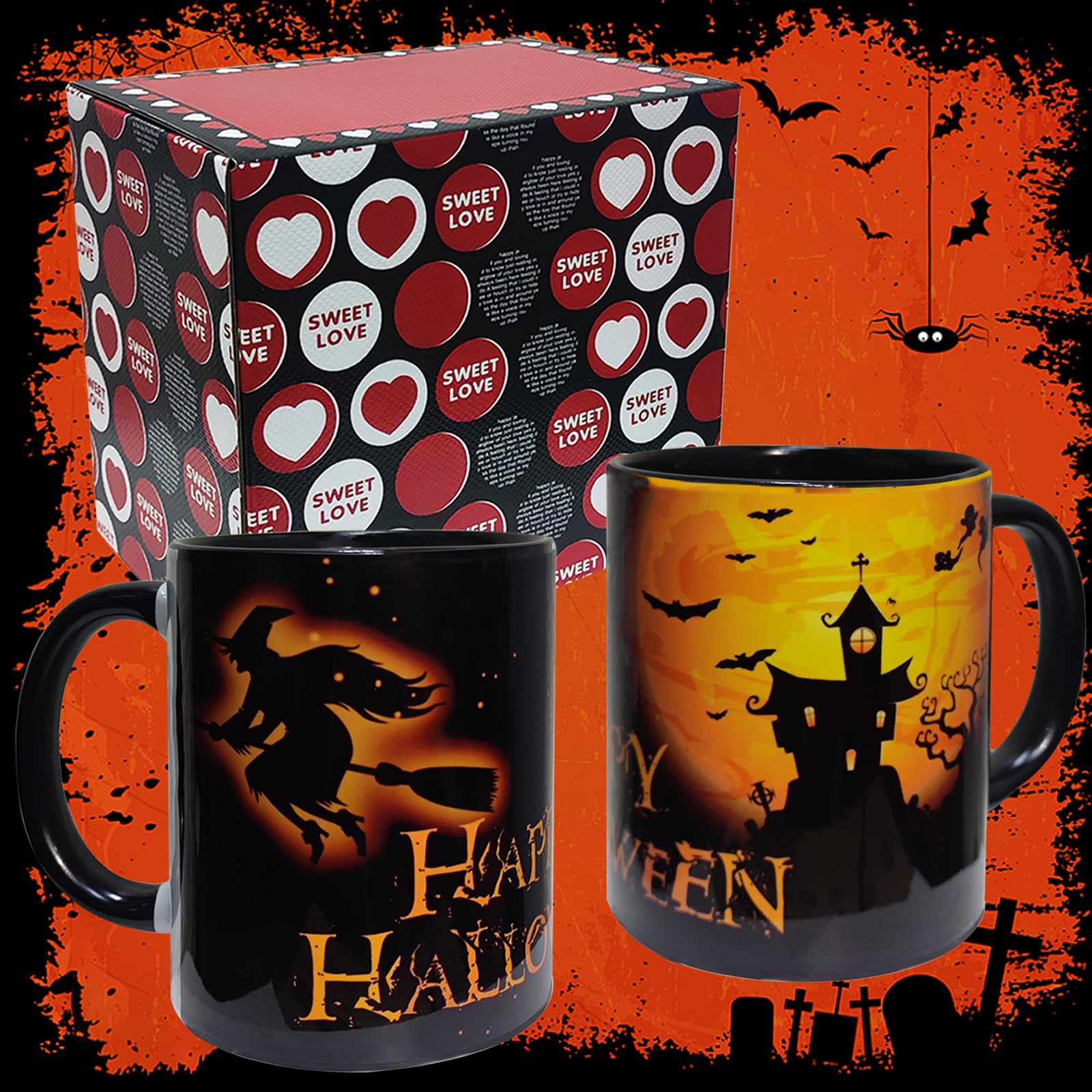 ERYUWOZA Halloween Coffee Mugs - Halloween Mug Cups -Ghost Mug Cup- Spooky Mug Cup - Witch Mug Cup - Bat Mug Cup - Fall Mug Cup, Halloween Mug Gift for Women Men, Black(11 oz)