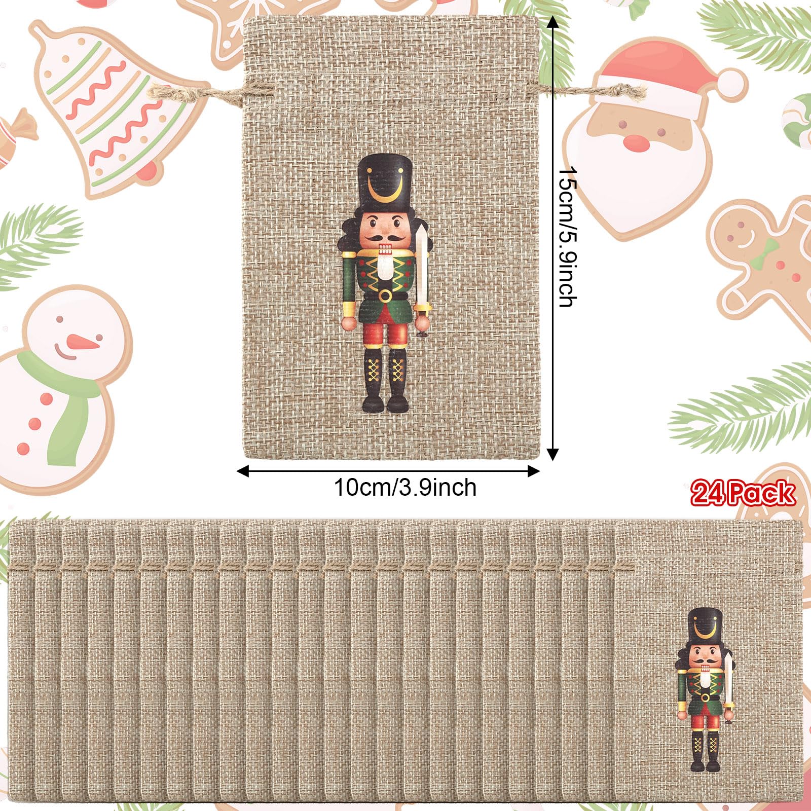 24 Pcs Christmas Burlap Gift Bags Christmas Treat Bags with Drawstrings Reusable Small Holiday Gift Bags Xmas Bags Holiday Gift Sacks Candy Bag Jewelry Pouches for Xmas Wedding Party (Nutcracker)