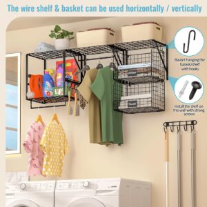 ThreeHio 3 Pack Laundry Room Shelves Wall Mounted with Wire Storage Baskets, Over Washer and Dryer Shelves with Hanging Rods and Hooks, Wire Wall Shelves Baskets for Laundry Organization and Storage