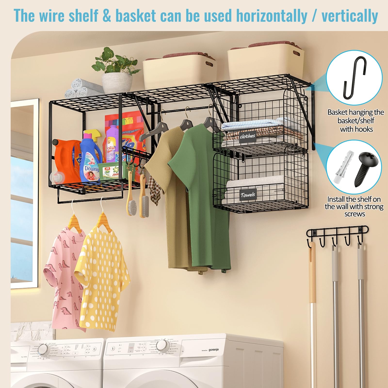 ThreeHio 3 Pack Laundry Room Shelves Wall Mounted with Wire Storage Baskets, Over Washer and Dryer Shelves with Hanging Rods and Hooks, Wire Wall Shelves Baskets for Laundry Organization and Storage