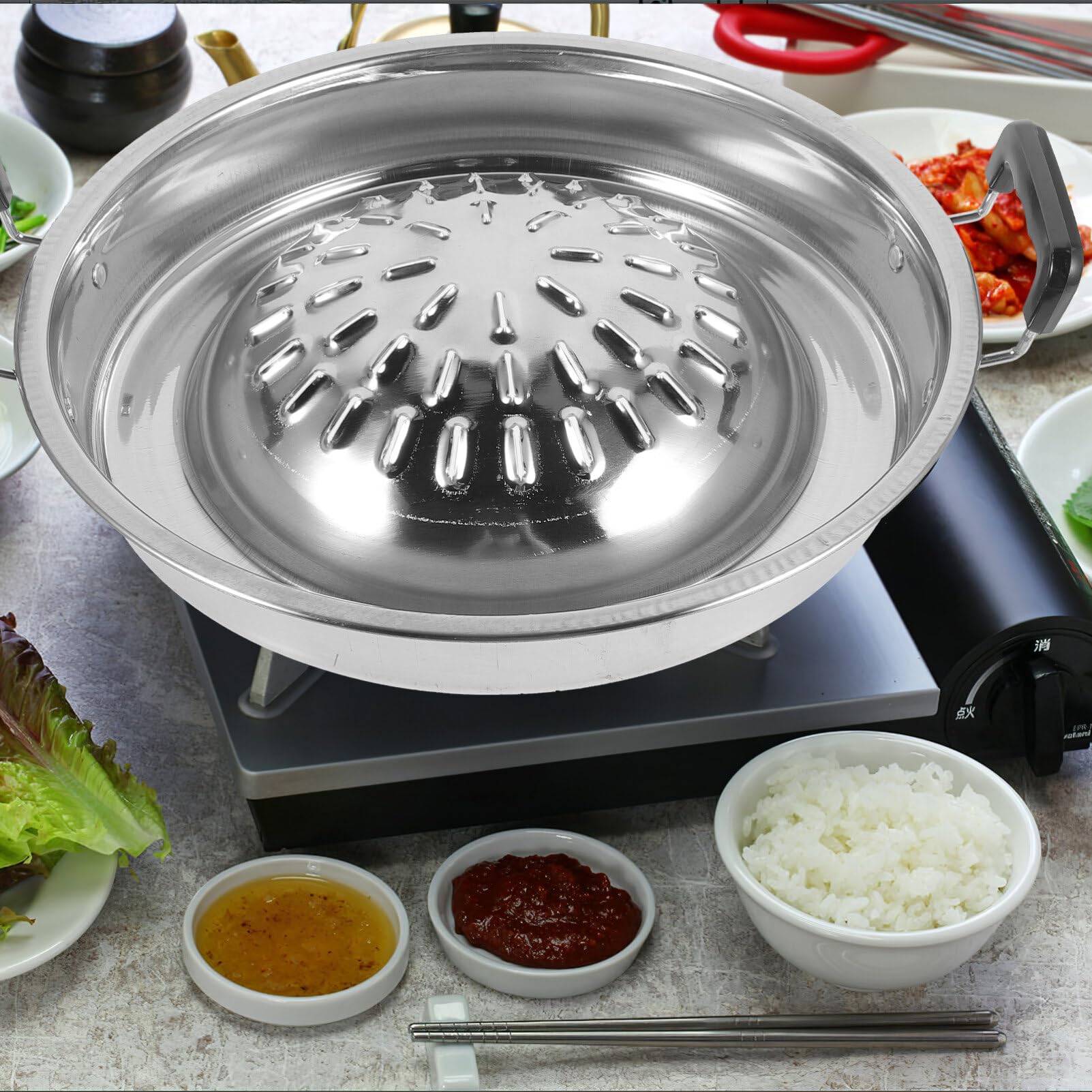 ABOOFAN Thai Korean BBQ Grill Pan Stainless Steel Barbecue Grill Topper Camping BBQ Pan for Shabu Vegetable Egg Pork Beef Meat Garlic Korean Cookware Silver