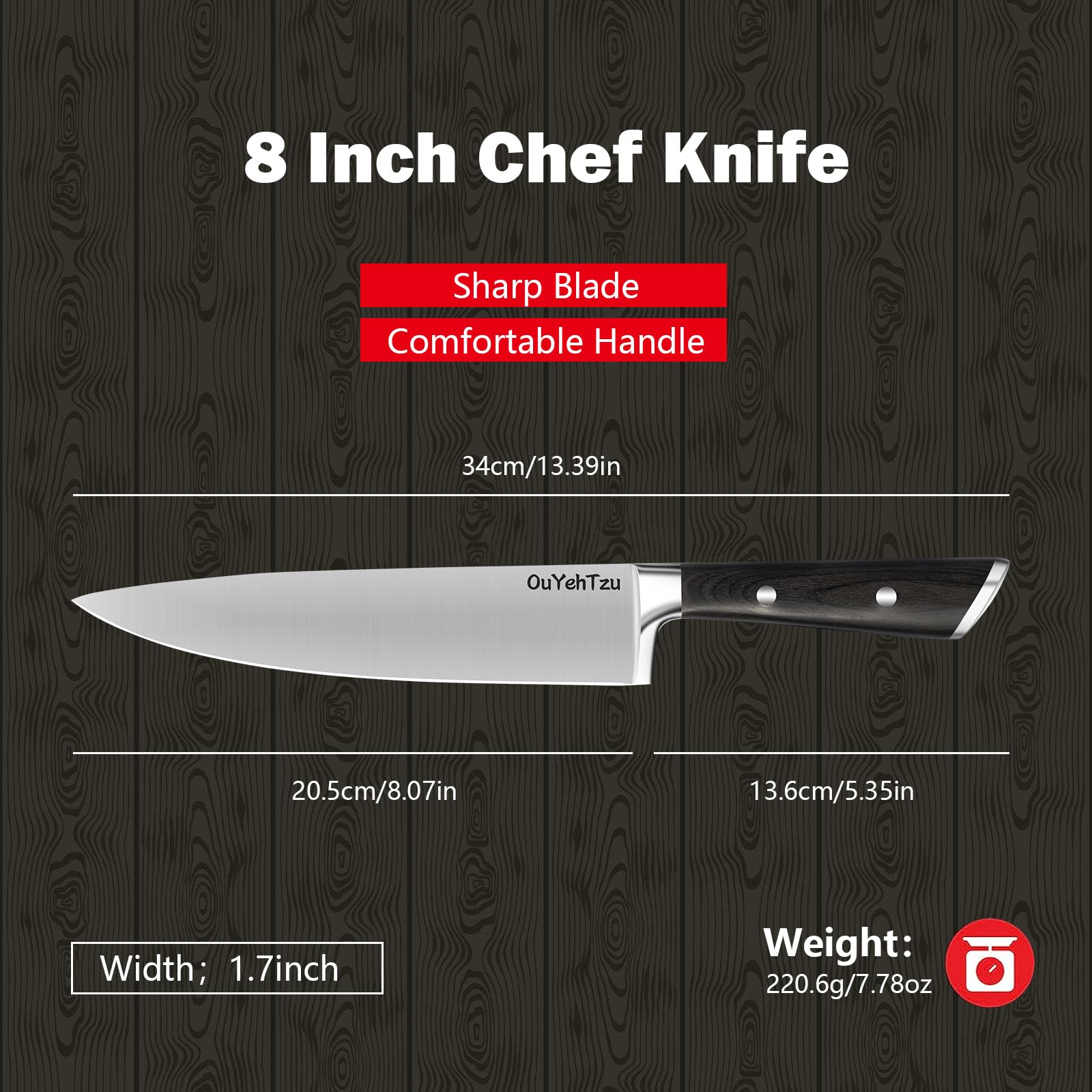 OuYehTzu 8 Inch Chef Knife, Sharp Japanese High Carbon Steel Kitchen Knives, Professional Cooking Knife with Sandalwood Handle