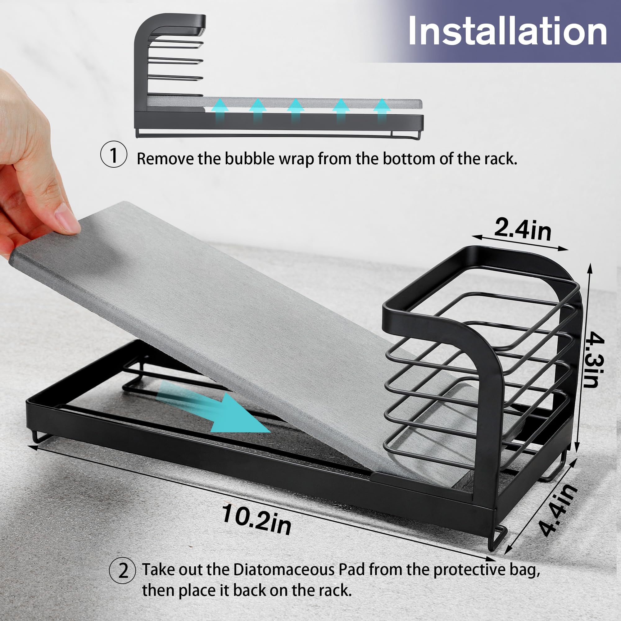 AIDILI Sink Caddy Organizer with Fast-Drying Diatomite Board, Rustproof Non-Slip Sponge&Brush Holder for Kitchen Sink, Essential for Kitchen Organization, Home Sink Accessories