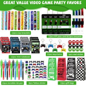 146 Pcs Video Game Party Favors, Gamer Party Favors -Ink Pen Notebook VIP Passes with Lanyards Slap Bracelets Keychains Bags Tattoo Stickers for Kids Gaming Party Favors Game On Birthday Party Favor