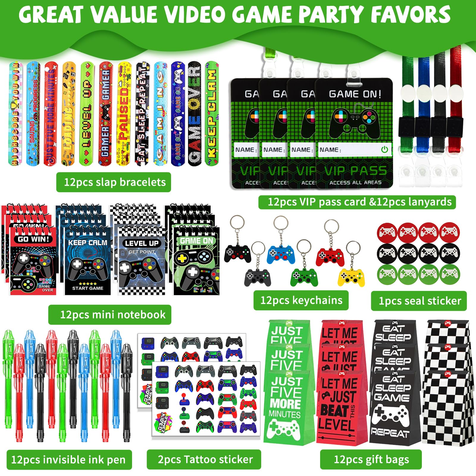 146 Pcs Video Game Party Favors, Gamer Party Favors -Ink Pen Notebook VIP Passes with Lanyards Slap Bracelets Keychains Bags Tattoo Stickers for Kids Gaming Party Favors Game On Birthday Party Favor