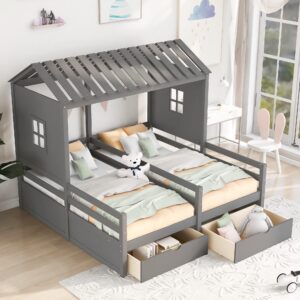 p purlove twin double shared bed,twin size house platform beds with two drawers for boy and girl shared beds, montessori house bed frame combination of 2 side by side twin size beds,gray