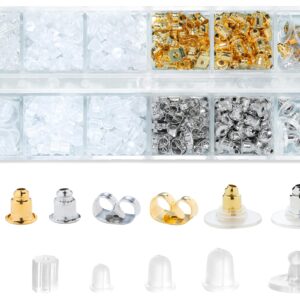 Nkwuire 12 Styles 600 Pcs Earring Backs for Studs, Clear Plastic Earrings Hypoallergenic Metal Rubber Silicone Earring Backs Bullet Clutch Stoppers Replacement Kits for Fish Hook Earring Studs Hoops