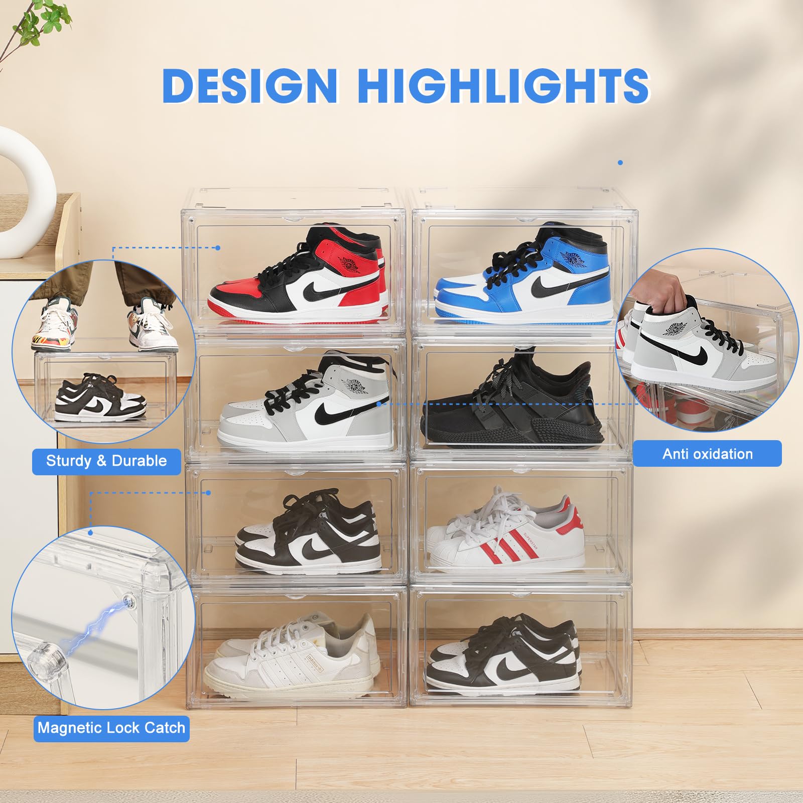 HIYOHIYO Acrylic Clear Shoe Storage Boxes Stackable for High-end Sports Shoes 360° Fully Transparent Display Box with Magnetic Door Suitable for Ankle Boots High Heels Size 14 (1-Pack)