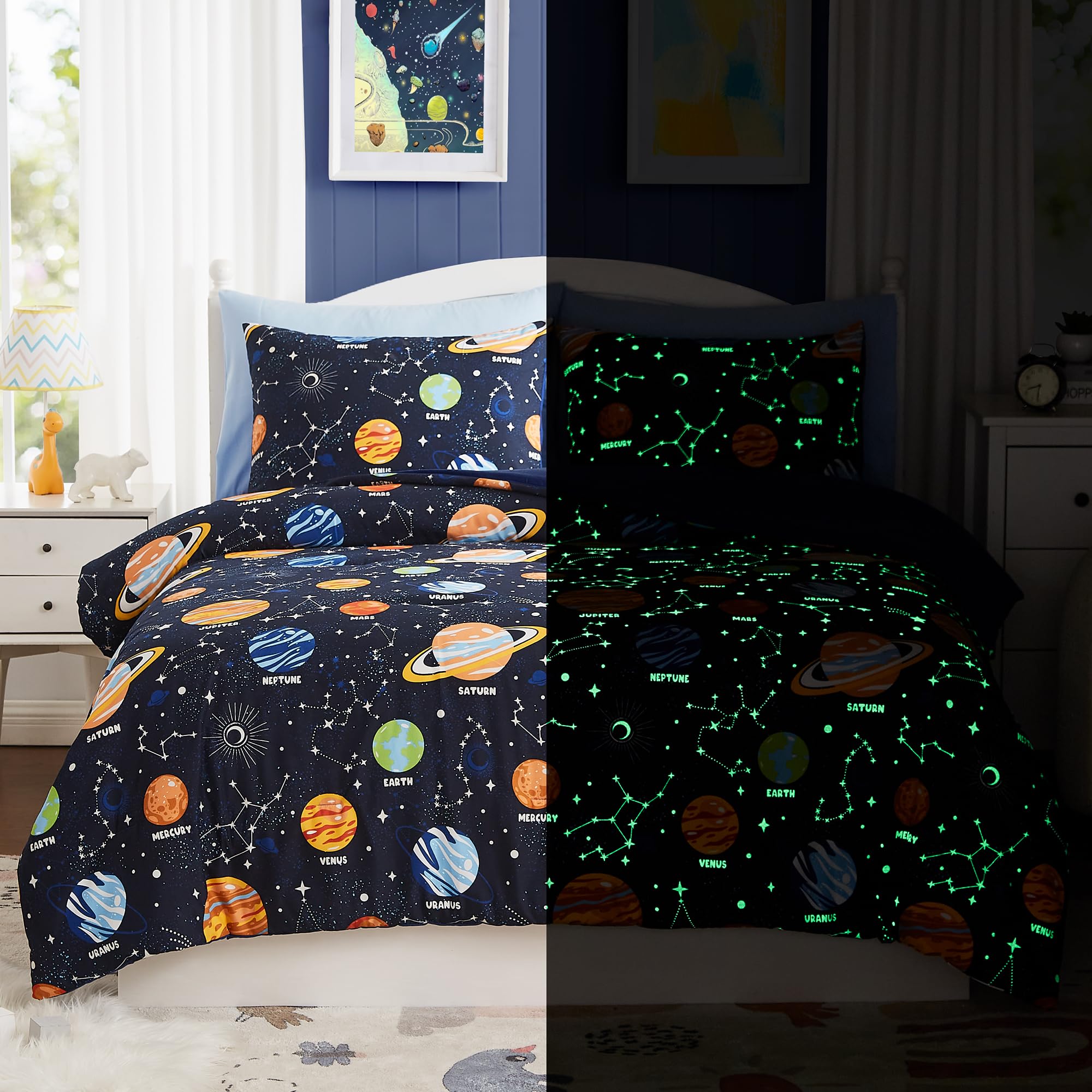 Kaleido Space Twin Comforter Set with Sheets - 5 Pieces Kids Twin Bedding Sets, Glow in The Dark Space Twin Bed in a Bag with Comforter, Sheets, Pillowcase & Sham