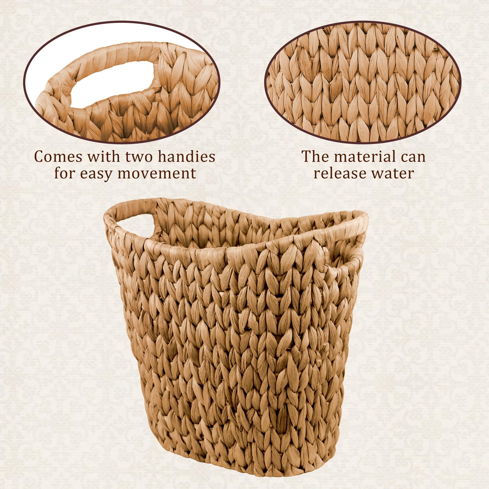 Micsci Wicker Waste Basket, Handwoven Water Hyacinth Trash Can, Wicker Trash Basket with Built-in Handles,Wicker Garbage Can for Bathroom,Bedroom, Kitchen (1 Pack)