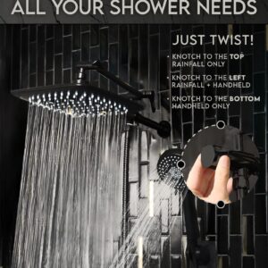 Veken High Pressure Rain Shower Head Combo with Extension Arm- Easy to Install Wide Rainfall Showerhead with 3 Water Spray Modes – Adjustable Dual Showerhead with Anti-Clog Nozzles