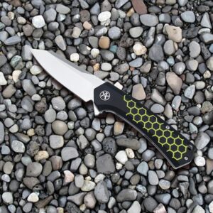 ALBATROSS Pocket Folding Knife, 3" D2 Steel Satin Blade, 4.5" Black G10 Handle with Hexagonal Pattern, Liner Lock, FK055 (Yellow)