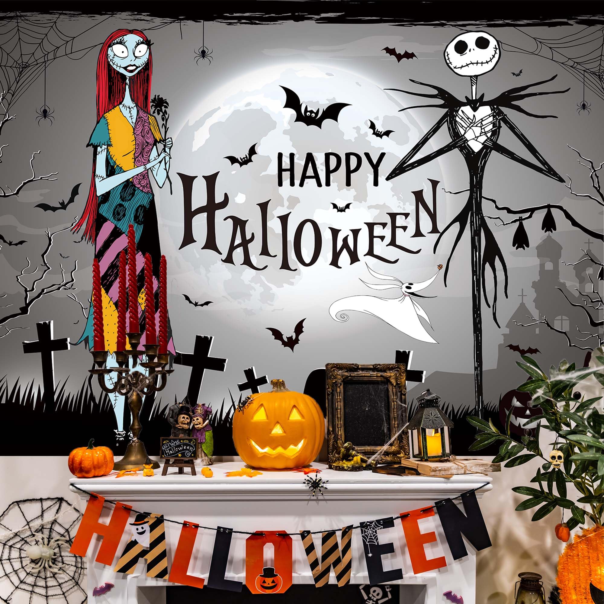 Halloween Decorations Halloween Gothic Skull Backdrop October 31 Decor Jack and Sally Decor Halloween Decorations for Home Party