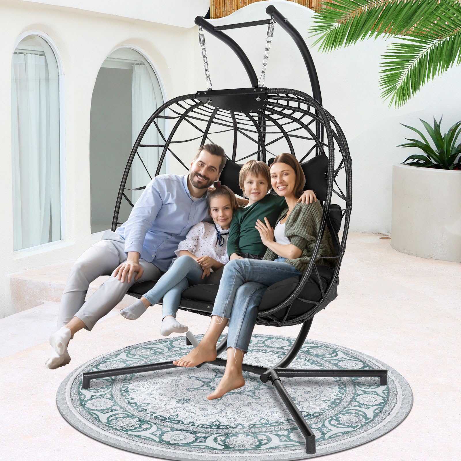 NICESOUL® 2 Seater Egg Swing Chair with Stand Double Person Outdoor Swing 510Lbs Capacity Large Black Hanging Chair Two Person Gray Rattan Black Olefin Cushions 510lbs Capacity