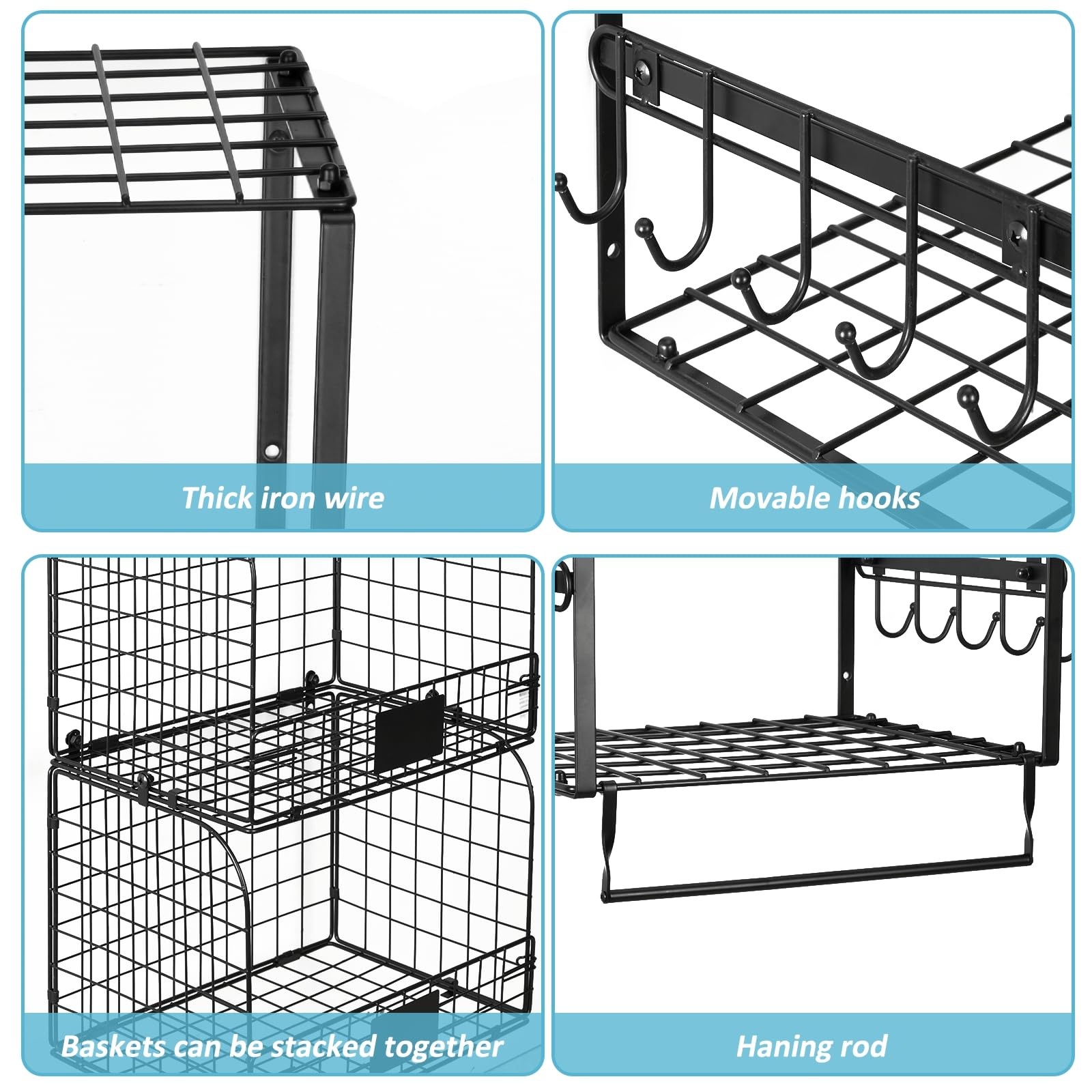 ThreeHio 3 Pack Laundry Room Shelves Wall Mounted with Wire Storage Baskets, Over Washer and Dryer Shelves with Hanging Rods and Hooks, Wire Wall Shelves Baskets for Laundry Organization and Storage