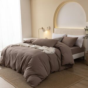 JIYUAN 100% Washed Cotton Duvet Cover Set Comfy Simple Style Soft Breathable Textured Durable Linen Feel Bedding for All Seasons Queen, Solid Brown