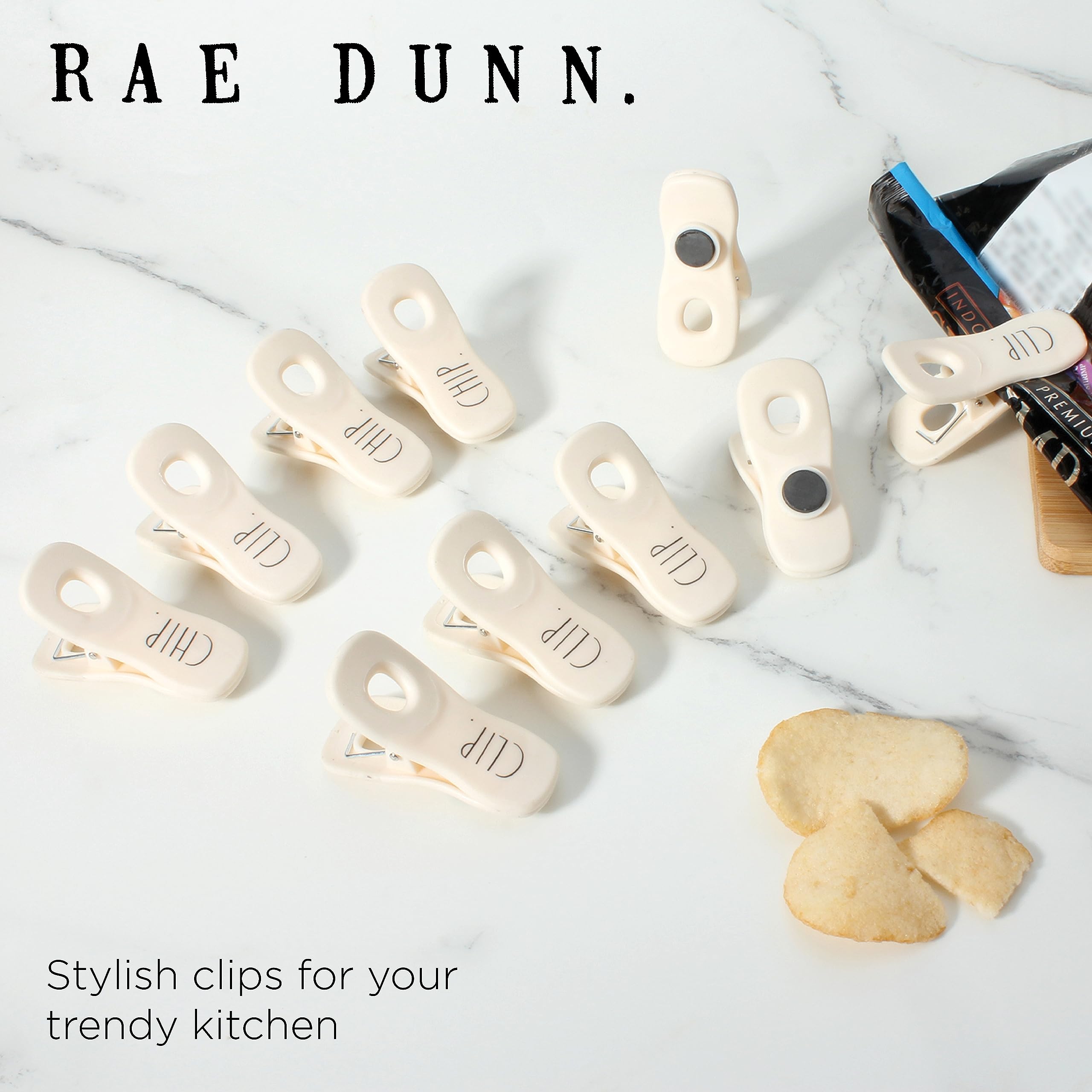 Rae Dunn Bag Clips with Magnet - Food Clips, Chip Clips, Bag Clips for Food Storage with Air Tight Seal Grip for Bread Bags, Snack Bags and Food Bags, Pack of 10, White