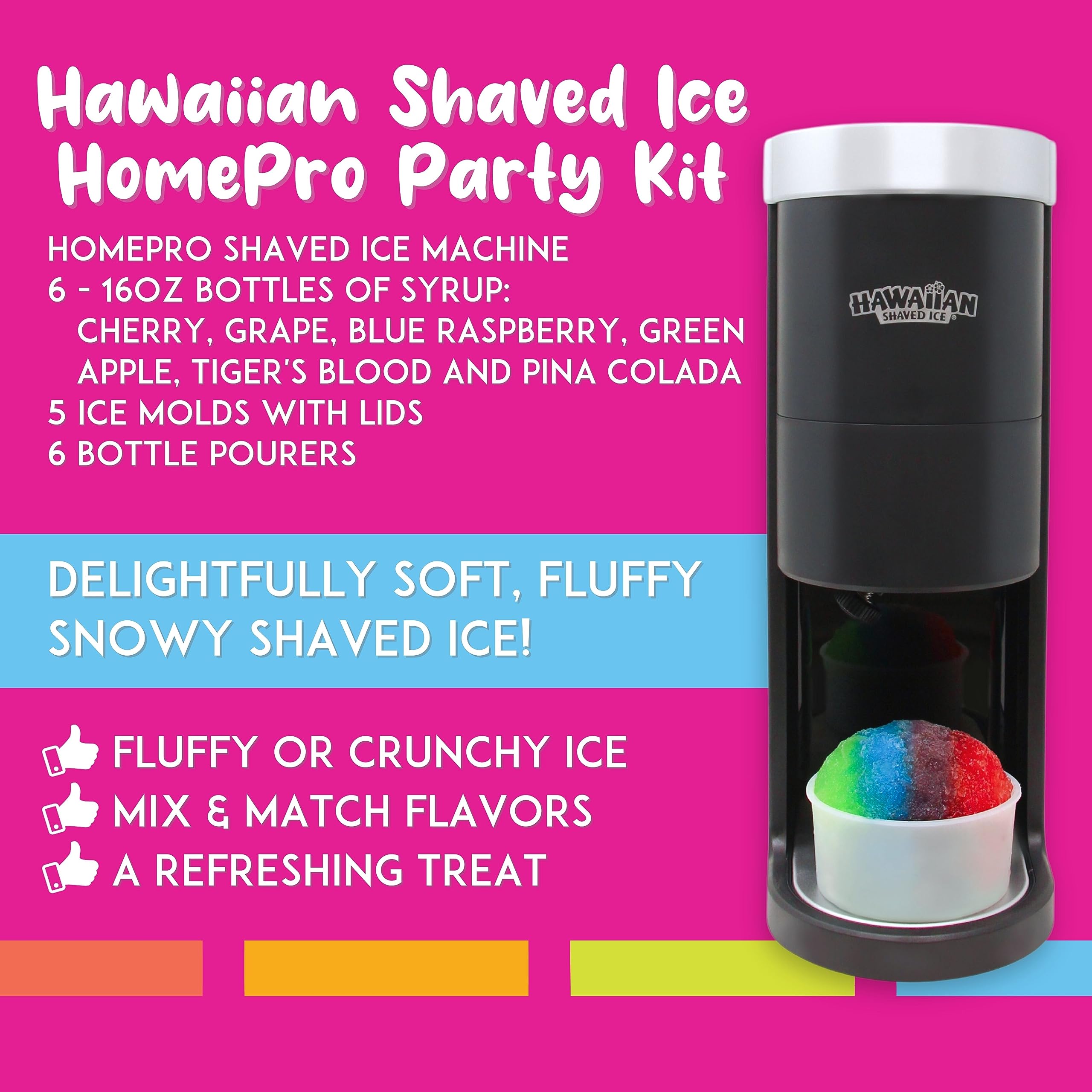 Hawaiian Shaved Ice HomePro Shaved Ice and Snow Cone Machine Kit, 6-16oz. Syrup Flavors Cherry, Grape, Blue Raspberry, Tiger’s Blood, Lemon-Lime, Pina Colada, 50 spoon straws, 6 black pour spouts