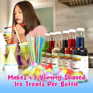 Hawaiian Shaved Ice HomePro Shaved Ice and Snow Cone Machine Kit, 6-16oz. Syrup Flavors Cherry, Grape, Blue Raspberry, Tiger’s Blood, Lemon-Lime, Pina Colada, 50 spoon straws, 6 black pour spouts