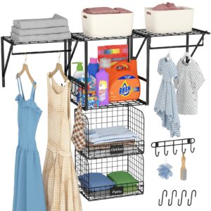 threehio 3 pack laundry room shelves wall mounted with wire storage baskets, over washer and dryer shelves with hanging rods and hooks, wire wall shelves baskets for laundry organization and storage