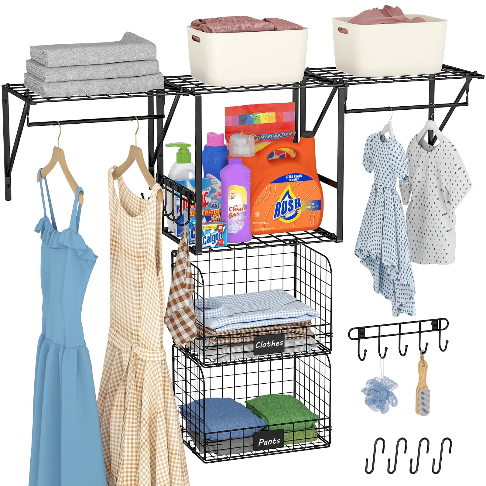 ThreeHio 3 Pack Laundry Room Shelves Wall Mounted with Wire Storage Baskets, Over Washer and Dryer Shelves with Hanging Rods and Hooks, Wire Wall Shelves Baskets for Laundry Organization and Storage