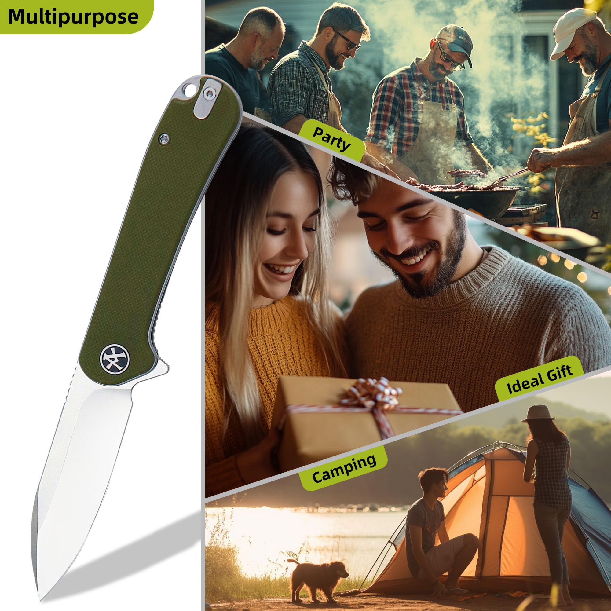 ALBATROSS Small Flipper Pocket Folding Knife, 3" D2 Steel Drop Point Blade, 4" G10 Handle, Liner Lock, FK059 (Green)