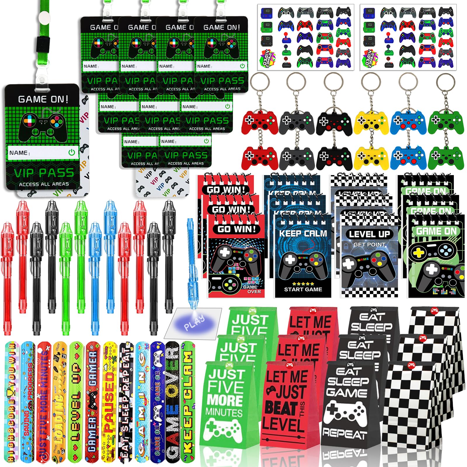 146 Pcs Video Game Party Favors, Gamer Party Favors -Ink Pen Notebook VIP Passes with Lanyards Slap Bracelets Keychains Bags Tattoo Stickers for Kids Gaming Party Favors Game On Birthday Party Favor