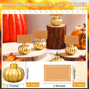 Soaoo 24 Set Thanksgiving Glass Harvest Pumpkin Place Card Holders with Thanksgiving Greeting Cards Fall Pumpkin Decor Table Name Holders Table Sign Card Holder for Thanksgiving Wedding Party (Gold)