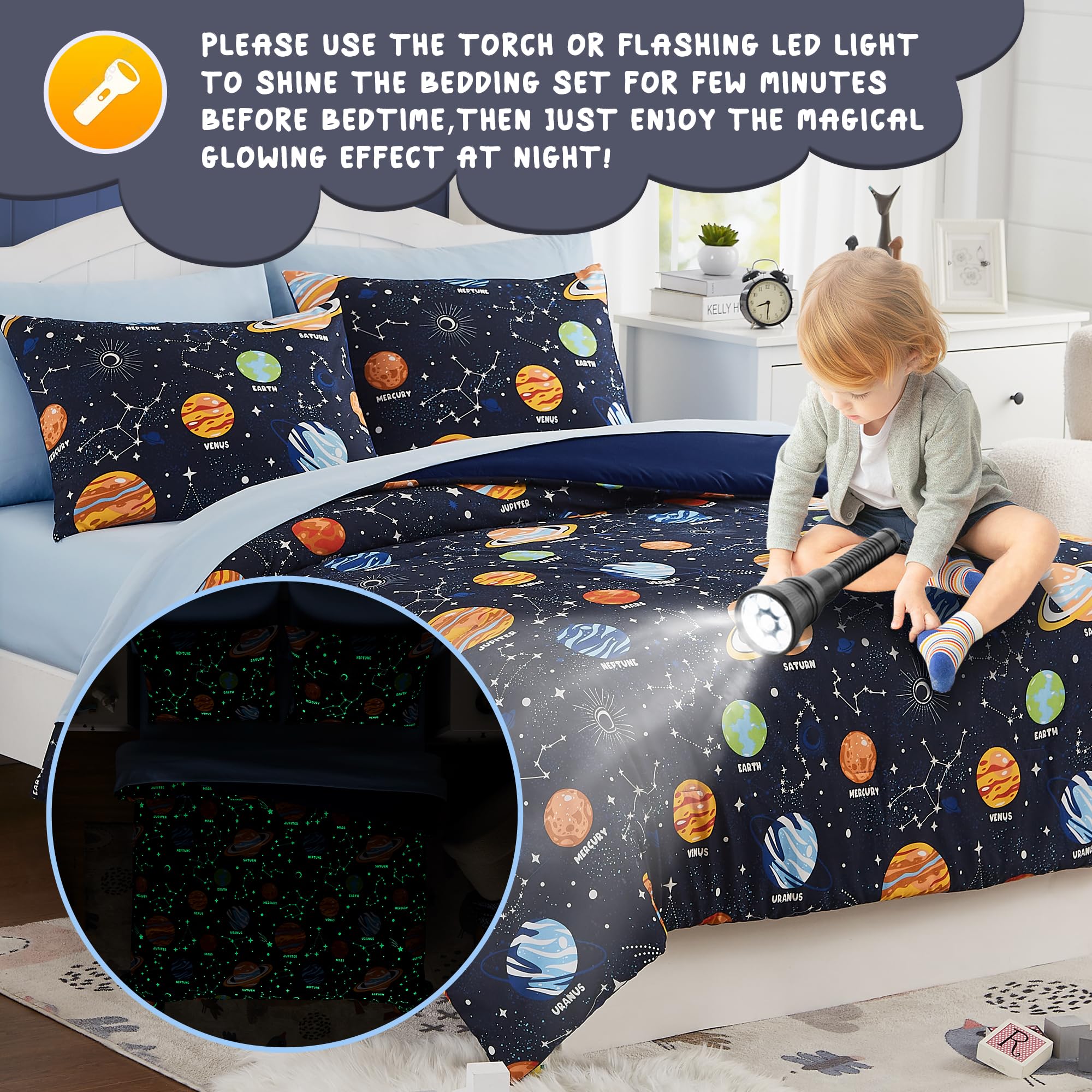 Kaleido Space Twin Comforter Set with Sheets - 5 Pieces Kids Twin Bedding Sets, Glow in The Dark Space Twin Bed in a Bag with Comforter, Sheets, Pillowcase & Sham