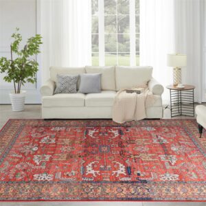 syalife washable rug vintage area rugs, 8'x 10' living room rug with non slip backing, distressed indoor carpet non-shedding red rug, vintage floor mat indoor rug (red, 8'x 10')