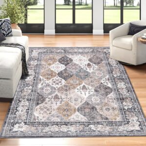 loooom boho vintage tribal washable area rugs low-pile floral print carpet mat indoor decor 8x10 light brown for living room bedroom farmhouse dining room