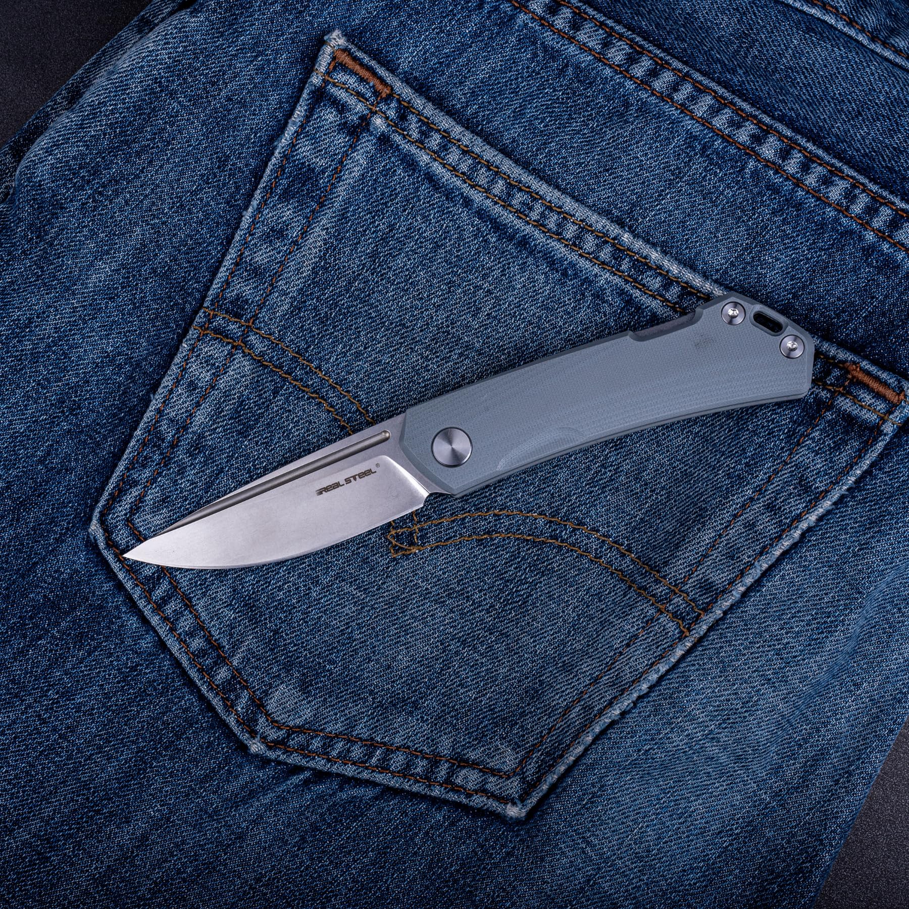 Real Steel Luna Maius ECO EDC Folding Knife - Backlock, Gray G10 Handle, 10Cr15CoMov Blade - Unique Christmas Birthday Gifts for Him, Cool Survival Knife for Emergency Rescue Hiking