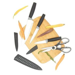 Home Basics Stainless Steel Kitchen Knife Set with Multi-Functional Scissors and Protective Sheaths Precision Cutting and Versatile Kitchen Tools