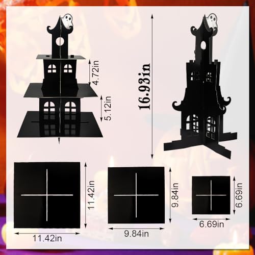 ALIBBON Halloween Cupcake Stand, 3 Tier Castle Cupcake Stand Tower, Black Cardboard Dessert Stand Holder, Halloween Cupcake Serving Tray, Birthday Party Supplies Halloween Decoration