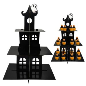 alibbon halloween cupcake stand, 3 tier castle cupcake stand tower, black cardboard dessert stand holder, halloween cupcake serving tray, birthday party supplies halloween decoration