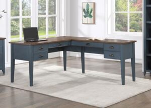 farmhouse wood half-pedestal writing desk and return, open l-shaped table and return, office desk and return, blue