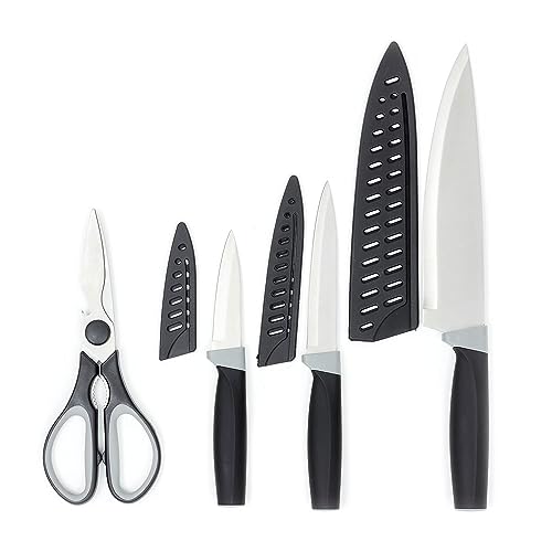 Home Basics Stainless Steel Kitchen Knife Set with Multi-Functional Scissors and Protective Sheaths Precision Cutting and Versatile Kitchen Tools