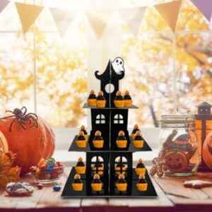 ALIBBON Halloween Cupcake Stand, 3 Tier Castle Cupcake Stand Tower, Black Cardboard Dessert Stand Holder, Halloween Cupcake Serving Tray, Birthday Party Supplies Halloween Decoration