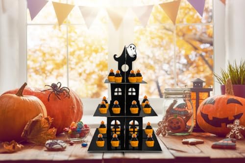 ALIBBON Halloween Cupcake Stand, 3 Tier Castle Cupcake Stand Tower, Black Cardboard Dessert Stand Holder, Halloween Cupcake Serving Tray, Birthday Party Supplies Halloween Decoration