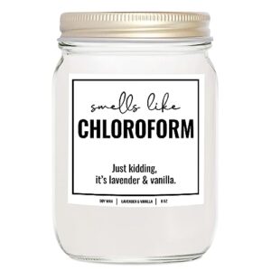 younique designs smells like chloroform scented candle, 8 oz, true crime gifts for women, serial killer gifts for women, crime junkie merch, all natural soy vegan candles (lavender & vanilla)