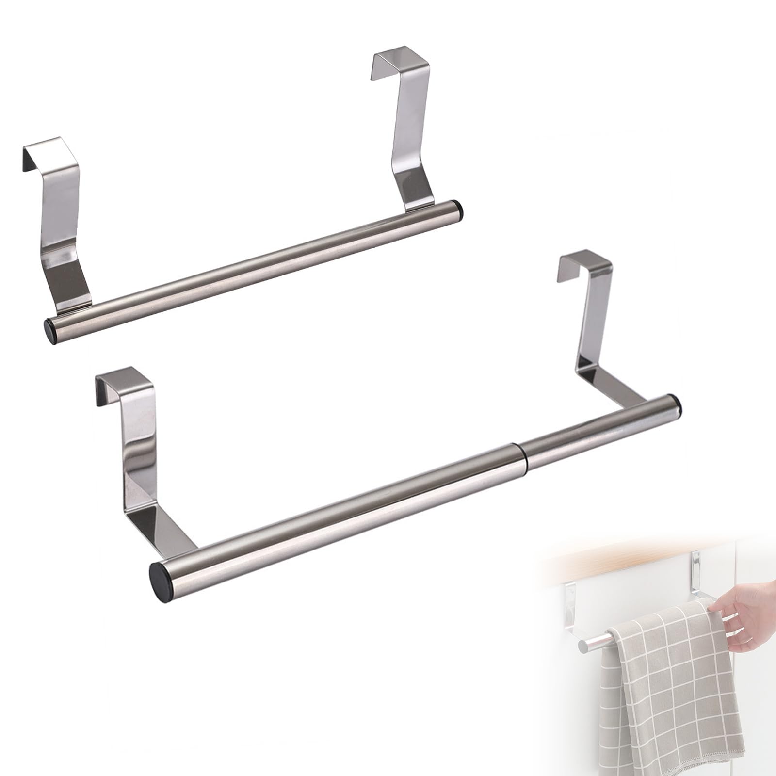 Stainless Steel Over-Cabinet Door Towel Holder (Pack of 2) - Kitchen and Bathroom Towel Rail Towel bar, Perfect for Hand or Tea Towels