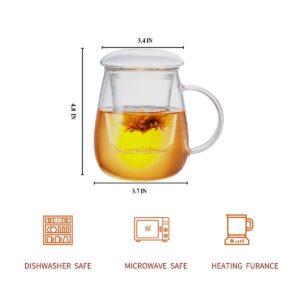 JPPSUJJ Glass Tea Cup with Infuser and Lid, Steeping Mug with Removable Strainer and Lid for Loose Leaf Tea, Borosilicate Glass Mug for Blooming Tea (Clear, 17.6 oz Capacity)