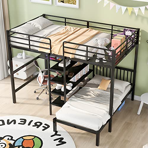 BOVZA Full Over Twin Metal Bunk Bed with Built-in Desk, Storage Shelves and Ladder, L Shaped Loft Bed Frame for Kids, Teens, Girls, Boys, Black