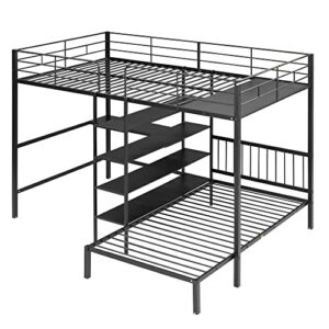 BOVZA Full Over Twin Metal Bunk Bed with Built-in Desk, Storage Shelves and Ladder, L Shaped Loft Bed Frame for Kids, Teens, Girls, Boys, Black